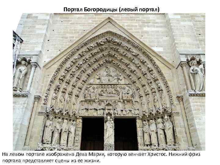 Портал Богородицы (левый портал) На левом портале изображена Дева Мария, которую венчает Христос. Нижний