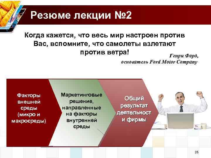Резюме лекции № 2 Когда кажется, что весь мир настроен против Вас, вспомните, что