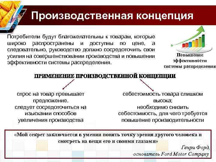 Производственная концепция Потребители будут благожелательны к товарам, которые широко распространены и доступны по цене,