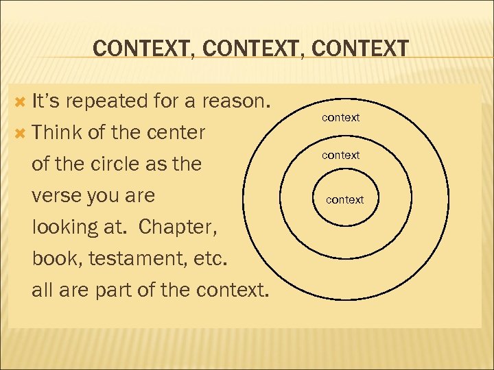 CONTEXT, CONTEXT It’s repeated for a reason. Think of the center of the circle