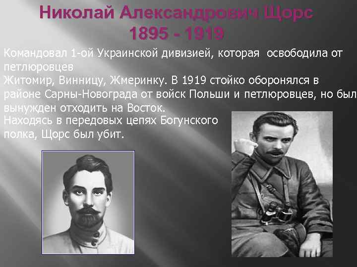 Николай Александрович Щорс 1895 - 1919 Командовал 1 -ой Украинской дивизией, которая освободила от
