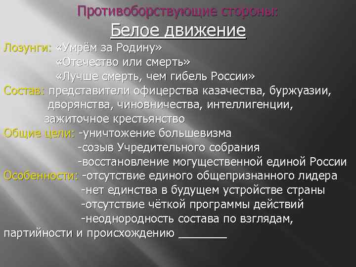 Противоборствующие стороны: Белое движение Лозунги: «Умрём за Родину» «Отечество или смерть» «Лучше смерть, чем