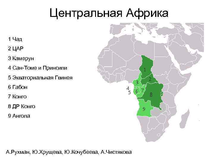 Центральная Африка 1 Чад 2 ЦАР 3 Камерун 4 Сан-Томе и Принсипи 5 Экваториальная