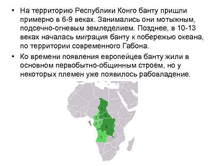  • На территорию Республики Конго банту пришли примерно в 6 -9 веках. Занимались