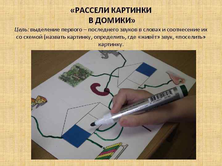  «РАССЕЛИ КАРТИНКИ В ДОМИКИ» Цель: выделение первого – последнего звуков в словах и