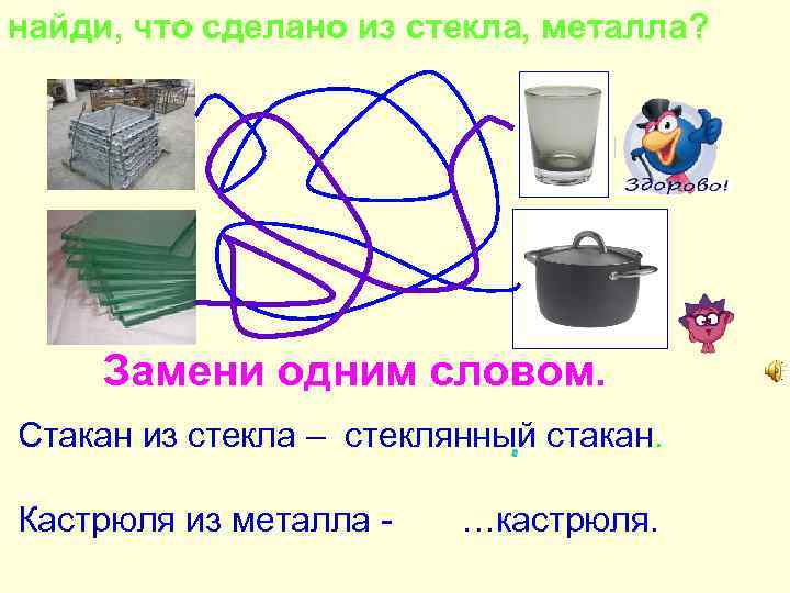 найди, что сделано из стекла, металла? • . Замени одним словом. Стакан из стекла