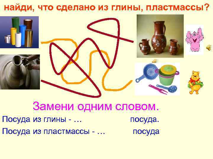 найди, что сделано из глины, пластмассы? Замени одним словом. Посуда из глины - …