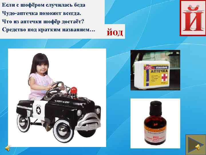 Если с шофёром случилась беда Чудо-аптечка поможет всегда. Что из аптечки шофёр достаёт? Средство