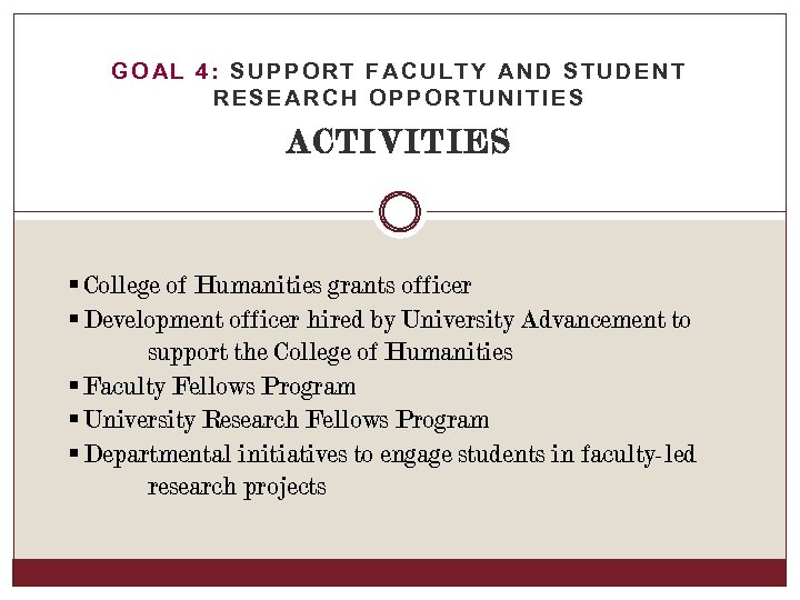 GOAL 4: SUPPORT FACULTY AND STUDENT RESEARCH OPPORTUNITIES ACTIVITIES § College of Humanities grants