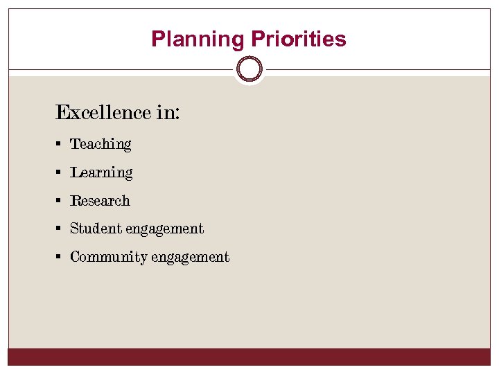 Planning Priorities Excellence in: § Teaching § Learning § Research § Student engagement §