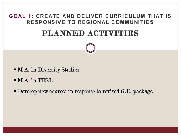 GOAL 1: CREATE AND DELIVER CURRICULUM THAT IS RESPONSIVE TO REGIONAL COMMUNITIES PLANNED ACTIVITIES