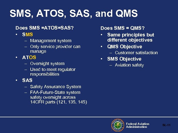 SMS, ATOS, SAS, and QMS Does SMS =ATOS=SAS? • SMS – Management system –