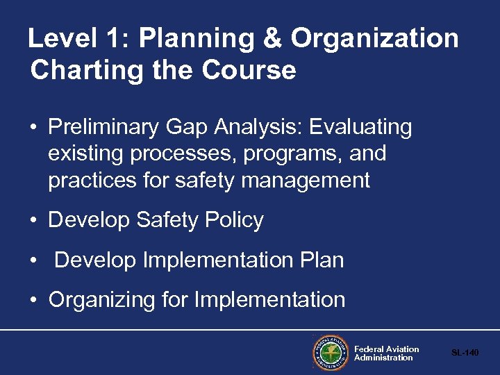 Level 1: Planning & Organization Charting the Course • Preliminary Gap Analysis: Evaluating existing
