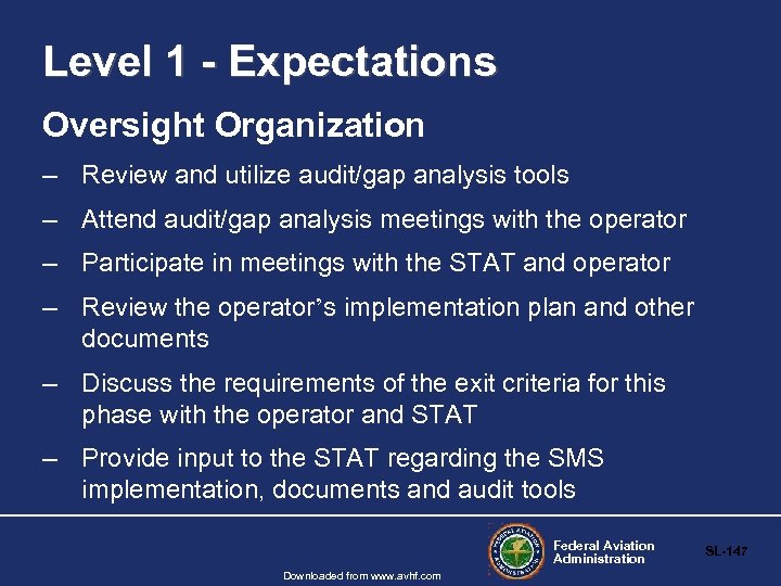 Level 1 - Expectations Oversight Organization – Review and utilize audit/gap analysis tools –
