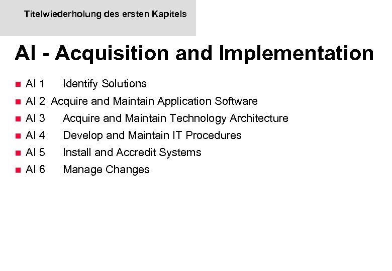 Titelwiederholung des ersten Kapitels AI - Acquisition and Implementation n AI 1 Identify Solutions