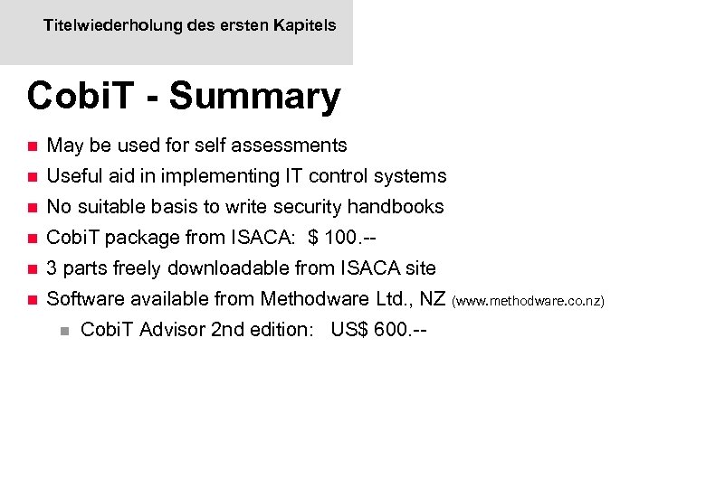 Titelwiederholung des ersten Kapitels Cobi. T - Summary n May be used for self