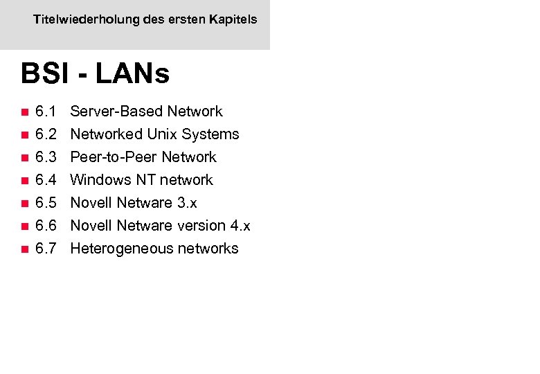 Titelwiederholung des ersten Kapitels BSI - LANs n n n n 6. 1 6.