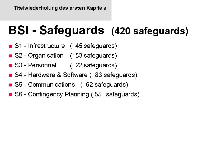 Titelwiederholung des ersten Kapitels BSI - Safeguards (420 safeguards) n S 1 - Infrastructure