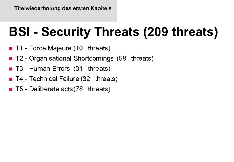 Titelwiederholung des ersten Kapitels BSI - Security Threats (209 threats) n T 1 -