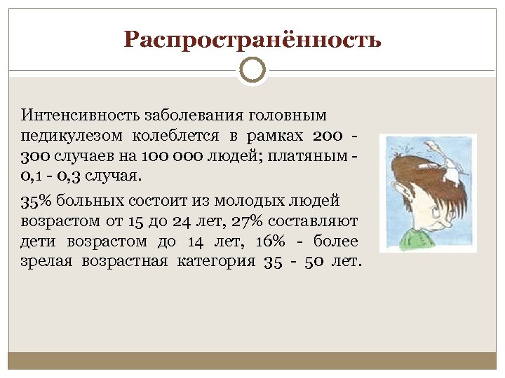 Распространённость Интенсивность заболевания головным педикулезом колеблется в рамках 200 - 300 случаев на 100