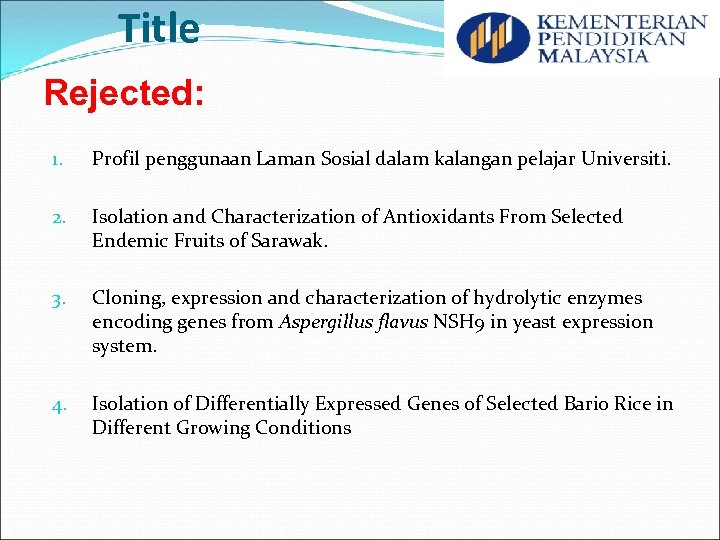 Title Rejected: 1. Profil penggunaan Laman Sosial dalam kalangan pelajar Universiti. 2. Isolation and