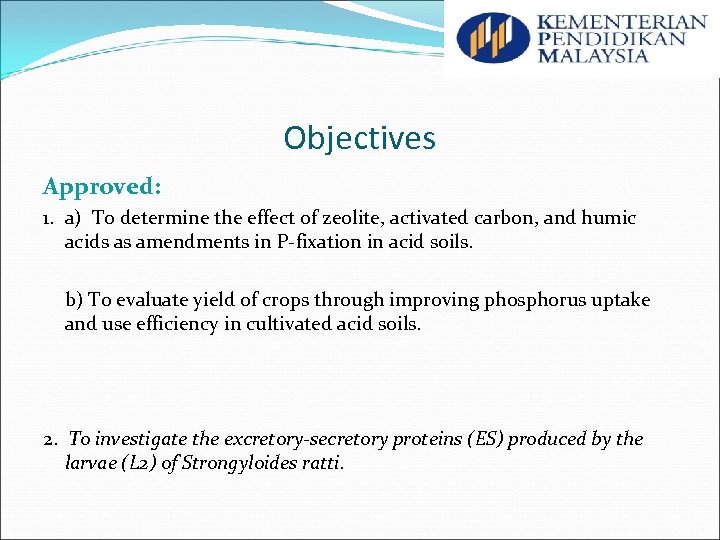 Objectives Approved: 1. a) To determine the effect of zeolite, activated carbon, and humic