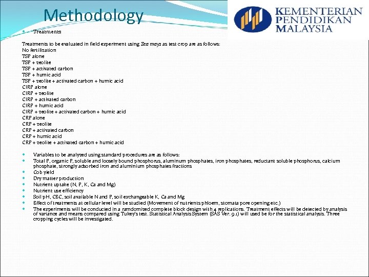 Methodology Treatments to be evaluated in field experiment using Zea mays as test crop