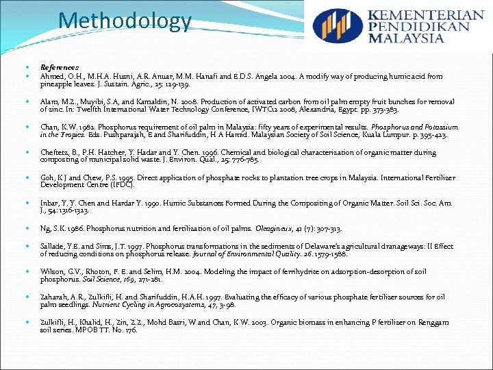 Methodology References Ahmed, O. H. , M. H. A. Husni, A. R. Anuar, M.