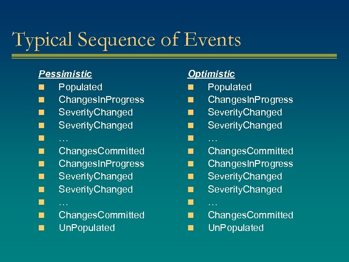 Typical Sequence of Events Pessimistic n Populated n Changes. In. Progress n Severity. Changed