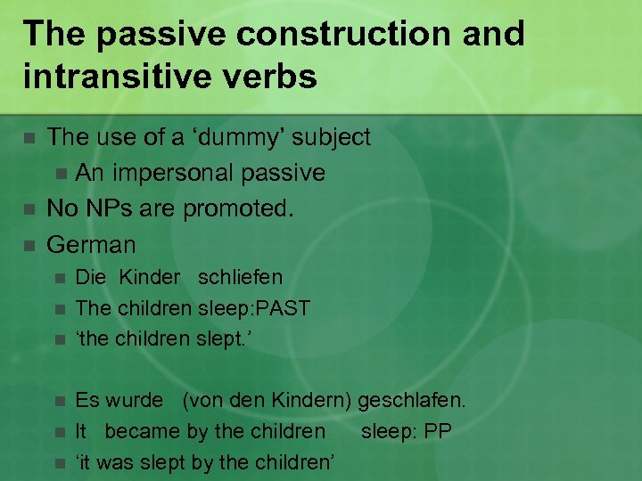 The passive construction and intransitive verbs n n n The use of a ‘dummy’