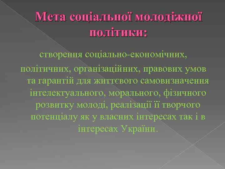 Мета соціальної молодіжної політики: створення соціально-економічних, політичних, організаційних, правових умов та гарантій для життєвого