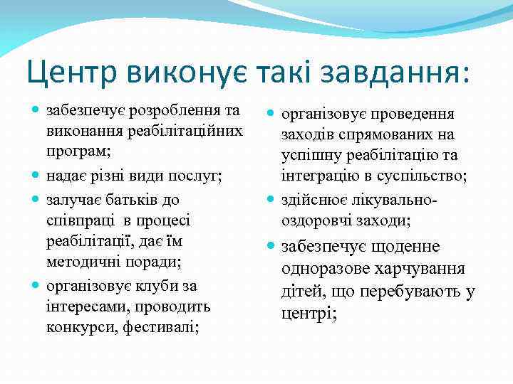 Центр виконує такі завдання: забезпечує розроблення та виконання реабілітаційних програм; надає різні види послуг;