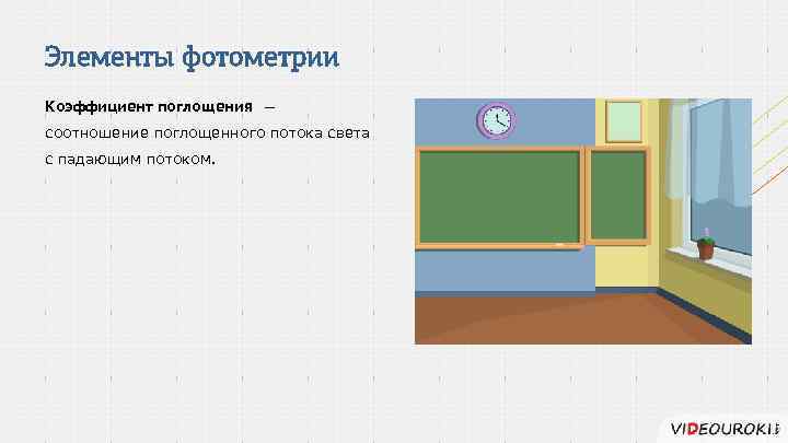 Элементы фотометрии Коэффициент поглощения — соотношение поглощенного потока света с падающим потоком. 