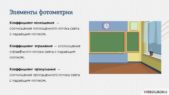 Элементы фотометрии Коэффициент поглощения — соотношение поглощенного потока света с падающим потоком. Коэффициент отражения