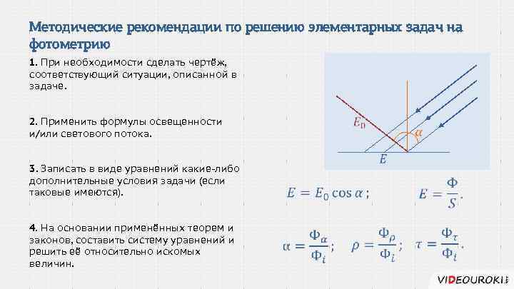 Методические рекомендации по решению элементарных задач на фотометрию 1. При необходимости сделать чертёж, соответствующий