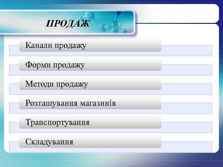 ПРОДАЖ Канали продажу Форми продажу Методи продажу Розташування магазинів Транспортування Складування 