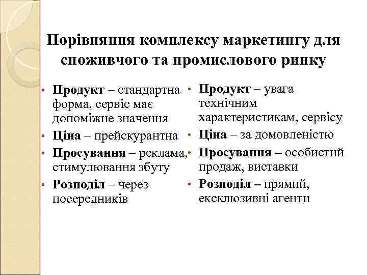 Порівняння комплексу маркетингу для споживчого та промислового ринку Продукт – стандартна • форма, сервіс