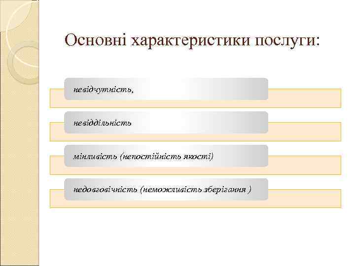 Основні характеристики послуги: невідчутність, невіддільність мінливість (непостійність якості) недовговічність (неможливість зберігання ) 