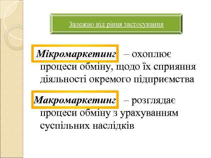 Залежно від рівня застосування Мікромаркетинг – охоплює процеси обміну, щодо їх сприяння діяльності окремого
