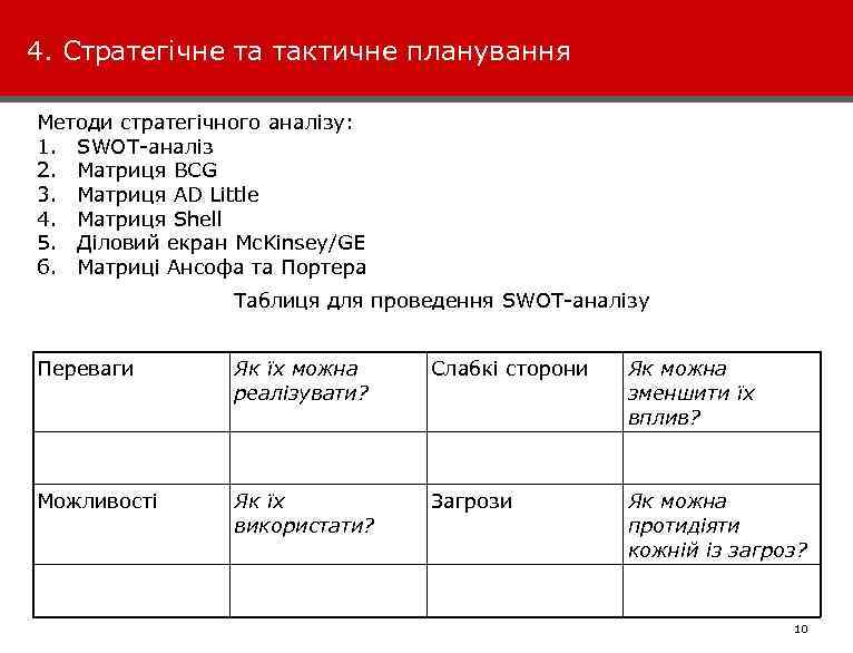 4. Стратегічне та тактичне планування Методи стратегічного аналізу: 1. SWOT-аналіз 2. Матриця BCG 3.