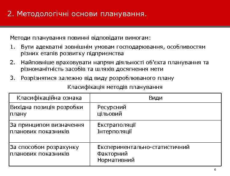 2. Методологічні основи планування. Методи планування повинні відповідати вимогам: 1. Бути адекватні зовнішнім умовам