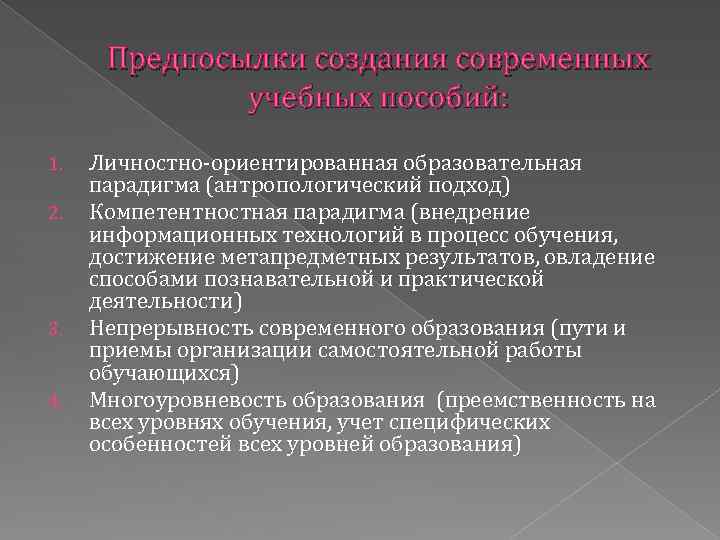 Предпосылки создания современных учебных пособий: 1. 2. 3. 4. Личностно-ориентированная образовательная парадигма (антропологический подход)