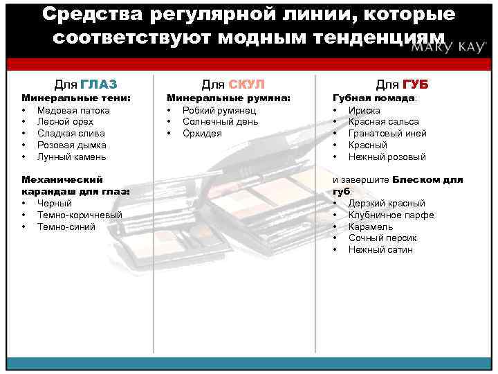 Средства регулярной линии, которые соответствуют модным тенденциям Для ГЛАЗ Минеральные тени: • Медовая патока