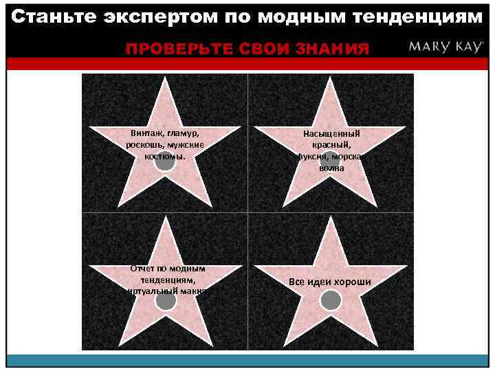 Станьте экспертом по модным тенденциям ПРОВЕРЬТЕ СВОИ ЗНАНИЯ Винтаж, гламур, роскошь, мужские костюмы. Отчет