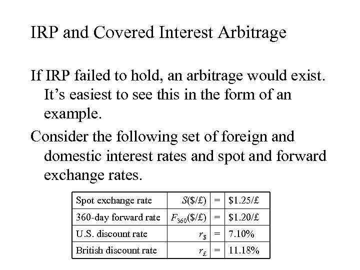 IRP and Covered Interest Arbitrage If IRP failed to hold, an arbitrage would exist.