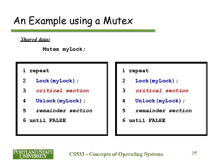 An Example using a Mutex Shared data: Mutex my. Lock; 1 repeat 2 Lock(my.