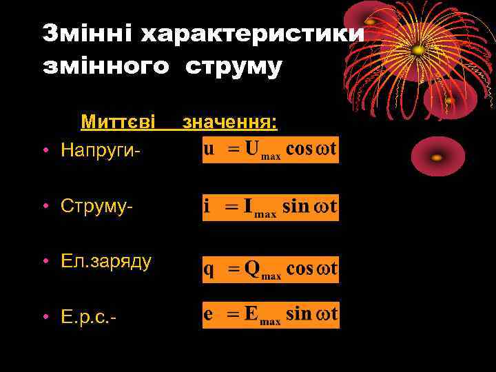 Змінні характеристики змінного струму Миттєві • Напруги- • Струму • Ел. заряду • Е.
