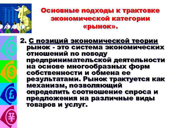 Основные подходы к трактовке экономической категории «рынок» . 2. С позиций экономической теории рынок