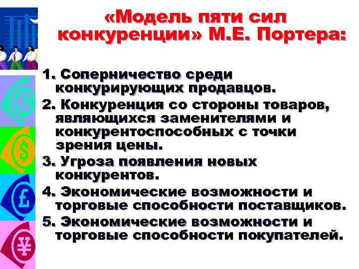  «Модель пяти сил конкуренции» М. Е. Портера: 1. Соперничество среди конкурирующих продавцов. 2.