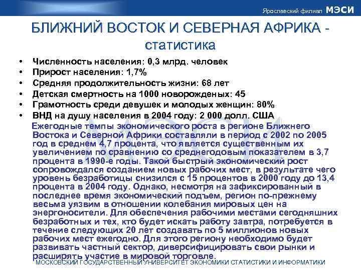 Ярославский филиал МЭСИ БЛИЖНИЙ ВОСТОК И СЕВЕРНАЯ АФРИКА статистика • • • Численность населения: